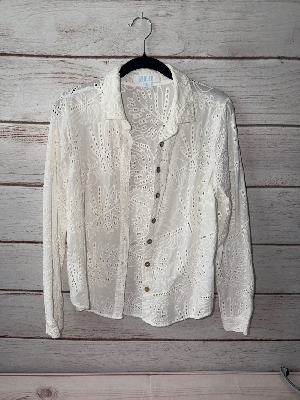 Bunulu Medium Openwork Eyelet Button-Front Blouse - White